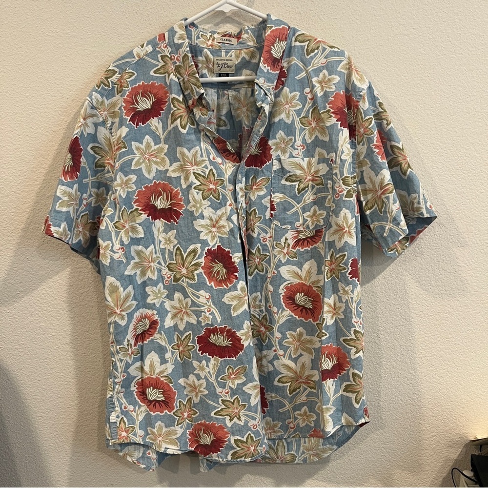 J. Crew 100% Cotton tropical summer button up shirt blue tan xxlarge